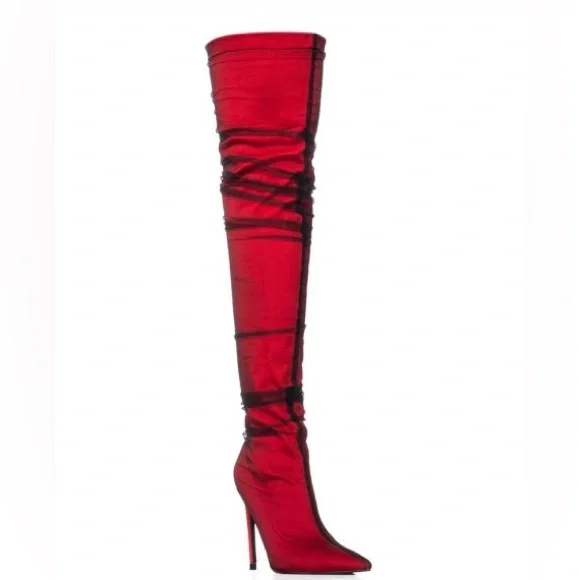 Azalea Wang Red Tulle Covered Thigh High Boots - Picture 4 of 5